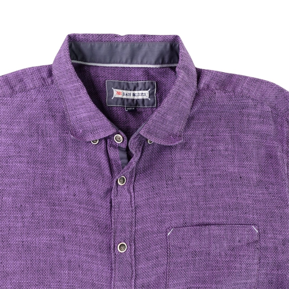 32 Bar Blues Button Down Shirt Mens XL Purple Linen Cotton Long Sleeve Pocket